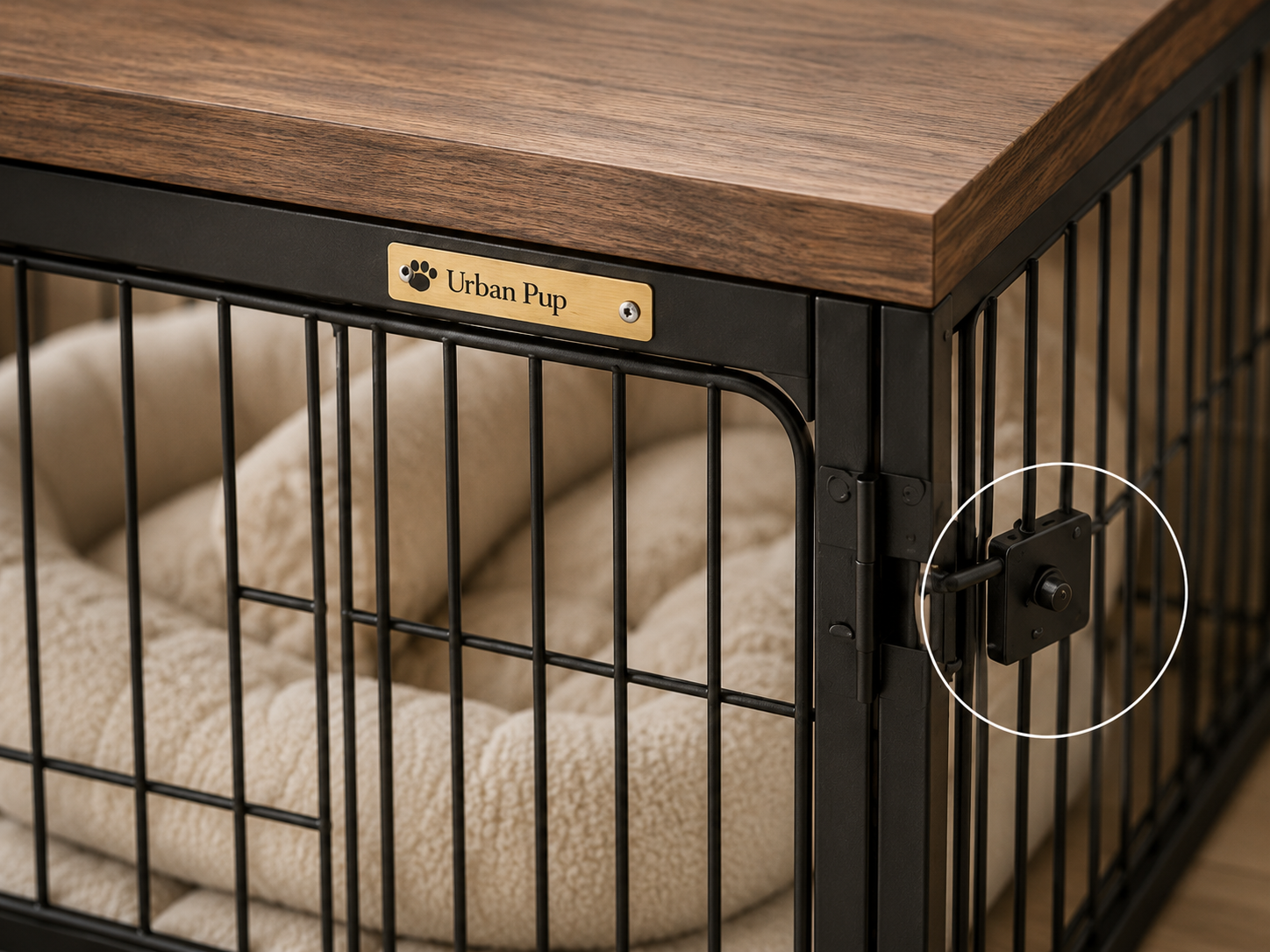 Close-up detail of premium dog crate with lock mechanism